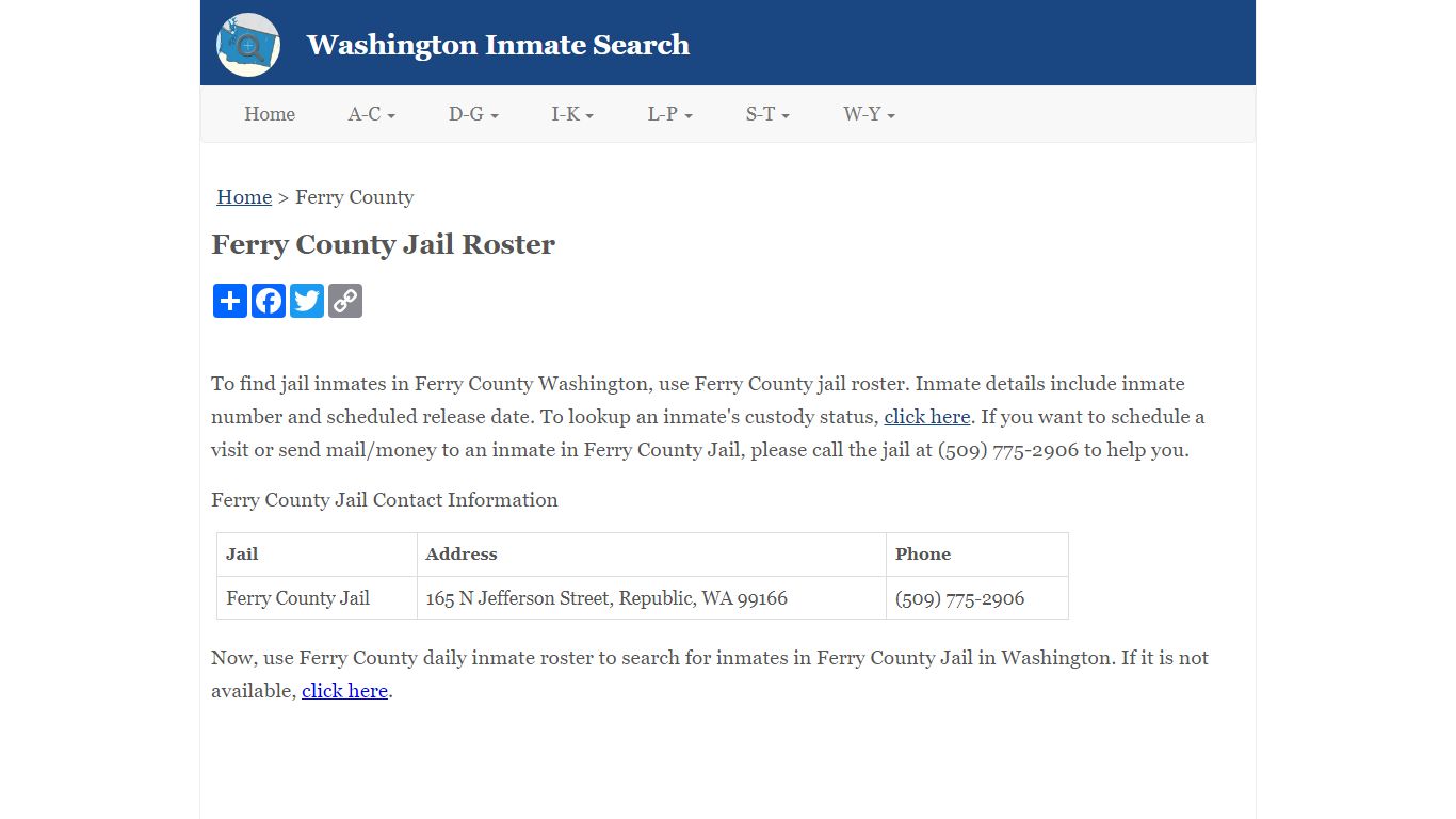 Ferry County Jail Roster - Washington Inmate Search